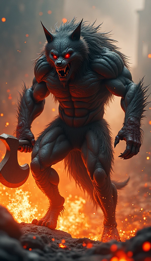 Wolf + spider man muscular red eyes in hand fire axe