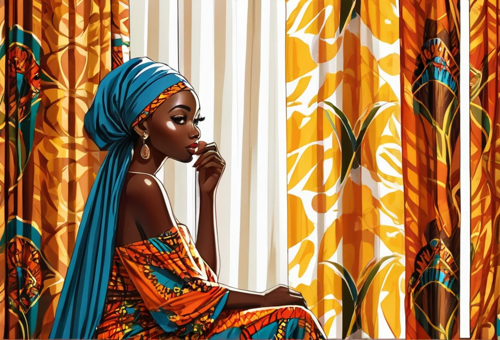 A hiding behind a curtain in a nice modern sitting room,
African (masterpiece best quality:1.2) delicate illustration ultra-detailed, illustrations, bright, colourful,