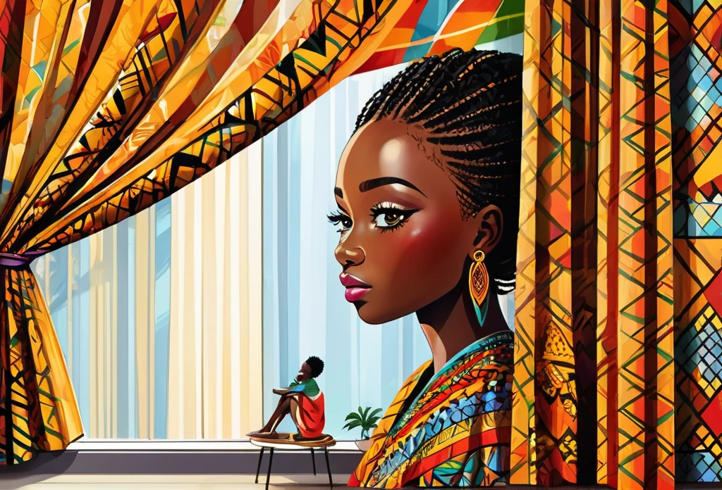 A hiding behind a curtain in a nice modern sitting room,
African (masterpiece best quality:1.2) delicate illustration ultra-detailed, illustrations, bright, colourful,