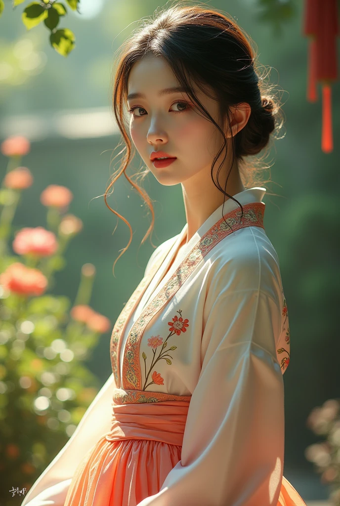 "Create a high-resolution image of a beautiful, elegant Korean woman with a serene expression, wearing a traditional hanbok. She stands gracefully in a garden with soft natural light, exuding an aura of purity and sophistication."