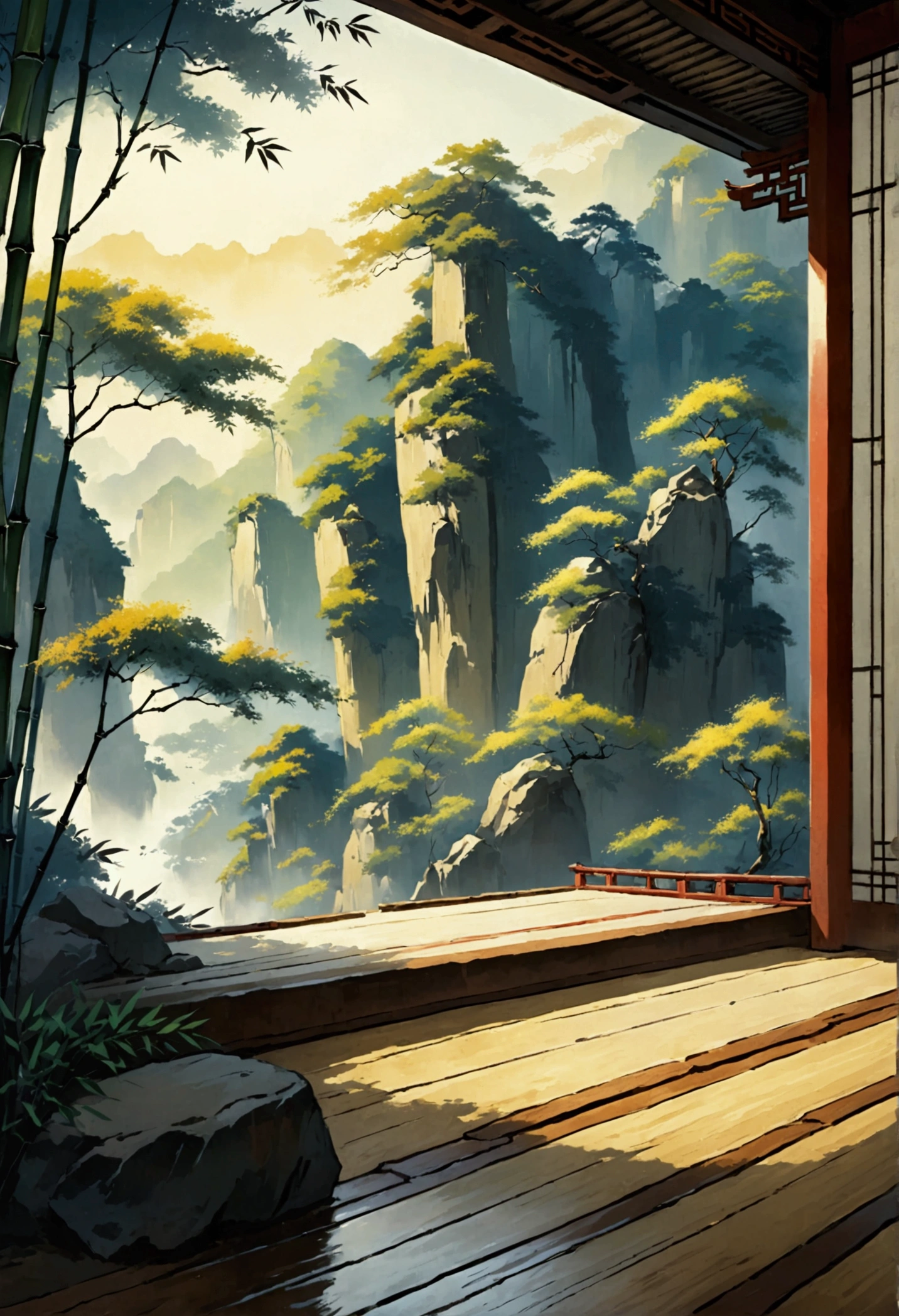 The scenery, Chinese style, Cliff, bamboo, dreamy atmosphere, floor