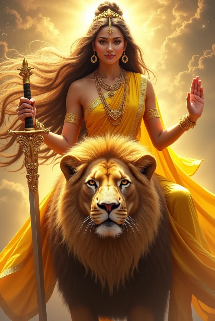 "Create an ultra-realistic image of the beautiful Goddess Katyayani Devi, depicted in a radiant yellow saree that symbolizes energy, vibrancy, and divine power. The saree should be intricately designed with gold embroidery, enhancing her regal and divine presence. Her skin should have a soft, golden glow, reflecting her celestial beauty and purity. Her face should be serene yet powerful, with large, expressive eyes that convey both compassion and strength, and a gentle smile that exudes grace, she has extremely very very long and very dense hair, Her hair should be wild and untamed, flowing freely around her, symbolizing her raw, untamed energy.
She has only two hands, Her right hand is in a blessing posture. In her left hand, she holds a designed majestic big sword.
She should be seated on an extremely large and majestic magnificent lion, symbolizing her immense strength, courage, and ability to protect her devotees. The lion should have a thick, luxurious mane and a powerful build, with a fierce yet loyal expression, perfectly complementing the goddess's commanding presence.
The background should feature a celestial landscape, with soft, glowing light and elements like golden rays of sunlight, enhancing the divine atmosphere. The overall image should capture the essence of Goddess Katyayani’s beauty, strength, and protective nature, presented in a highly realistic and detailed manner, with her yellow saree and majestic lion emphasizing her divine power and authority."