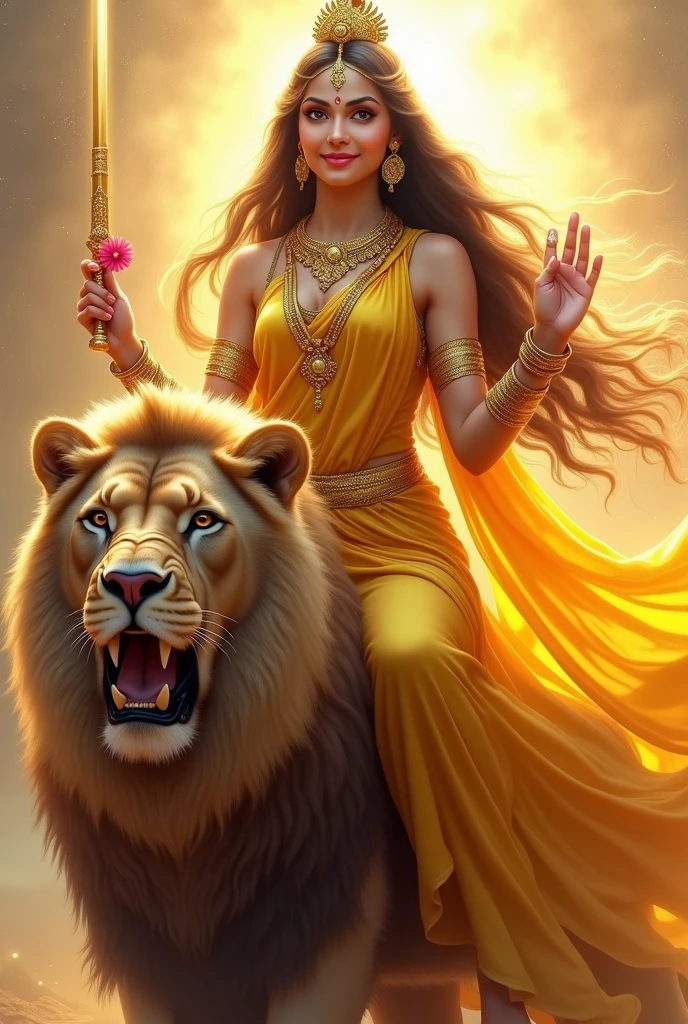 "Create an ultra-realistic image of the beautiful Goddess Katyayani Devi, depicted in a radiant yellow saree that symbolizes energy, vibrancy, and divine power. The saree should be intricately designed with gold embroidery, enhancing her regal and divine presence. Her skin should have a soft, golden glow, reflecting her celestial beauty and purity. Her face should be serene yet powerful, with large, expressive eyes that convey both compassion and strength, and a gentle smile that exudes grace, she has extremely very very long and very dense hair, Her hair should be wild and untamed, flowing freely around her, symbolizing her raw, untamed energy.
She has only two hands, Her right hand is in a blessing posture. In her left hand, she holds a designed majestic big sword.
She should be seated on an extremely large and majestic magnificent lion, symbolizing her immense strength, courage, and ability to protect her devotees. The lion should have a thick, luxurious mane and a powerful build, with a fierce yet loyal expression, perfectly complementing the goddess's commanding presence.
The background should feature a celestial landscape, with soft, glowing light and elements like golden rays of sunlight, enhancing the divine atmosphere. The overall image should capture the essence of Goddess Katyayani’s beauty, strength, and protective nature, presented in a highly realistic and detailed manner, with her yellow saree and majestic lion emphasizing her divine power and authority."