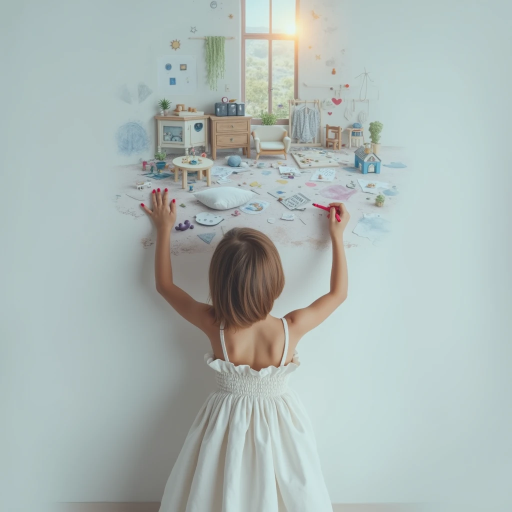 (A  wearing a white cotton dress scribbles a drawing on the wall with a crayon:1.3), a cozy room filled with toys and scattered papers, a child's boundless imagination, a child's drawing, warm golden sunlight filters in from a large window, (photorealism:1.4), sharp focus, 8k uhd, DSLR, photorealistic, hyperrealism, vivid color, post-processing, vibrant, color grading, highly complex, intricate, hyperrealistic, raytracing, physics-based rendering, RAW photo, masterpiece, highest quality, best shadow, best illustration