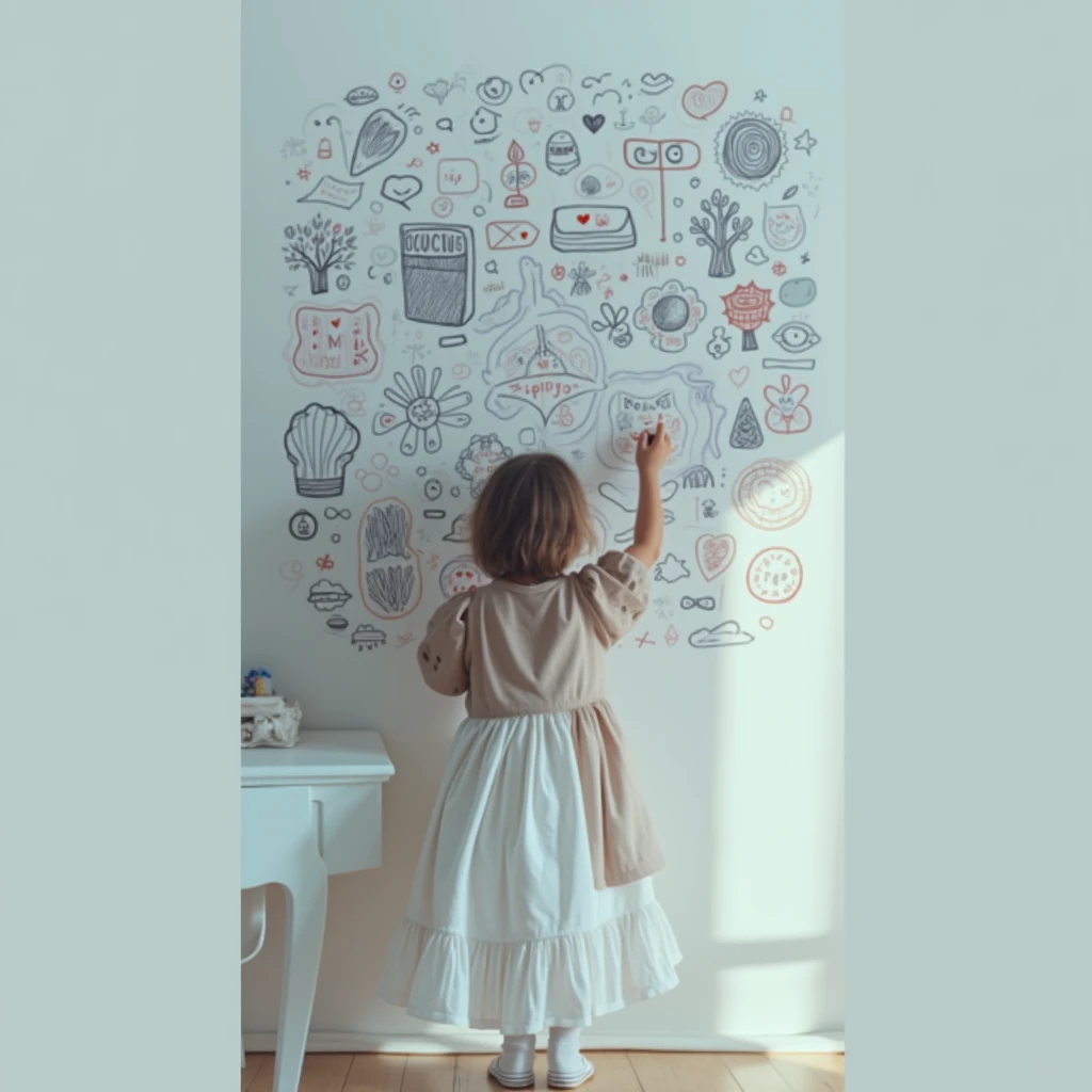 (A wearing a white cotton dress scribbles a drawing on the wall with a crayon:1.3), a cozy room filled with toys and scattered papers, a child's boundless imagination, a child's drawing, warm golden sunlight filters in from a large window, (photorealism:1.4), sharp focus, 8k uhd, DSLR, photorealistic, hyperrealism, vivid color, post-processing, vibrant, color grading, highly complex, intricate, hyperrealistic, raytracing, physics-based rendering, RAW photo, masterpiece, highest quality, best shadow, best illustration