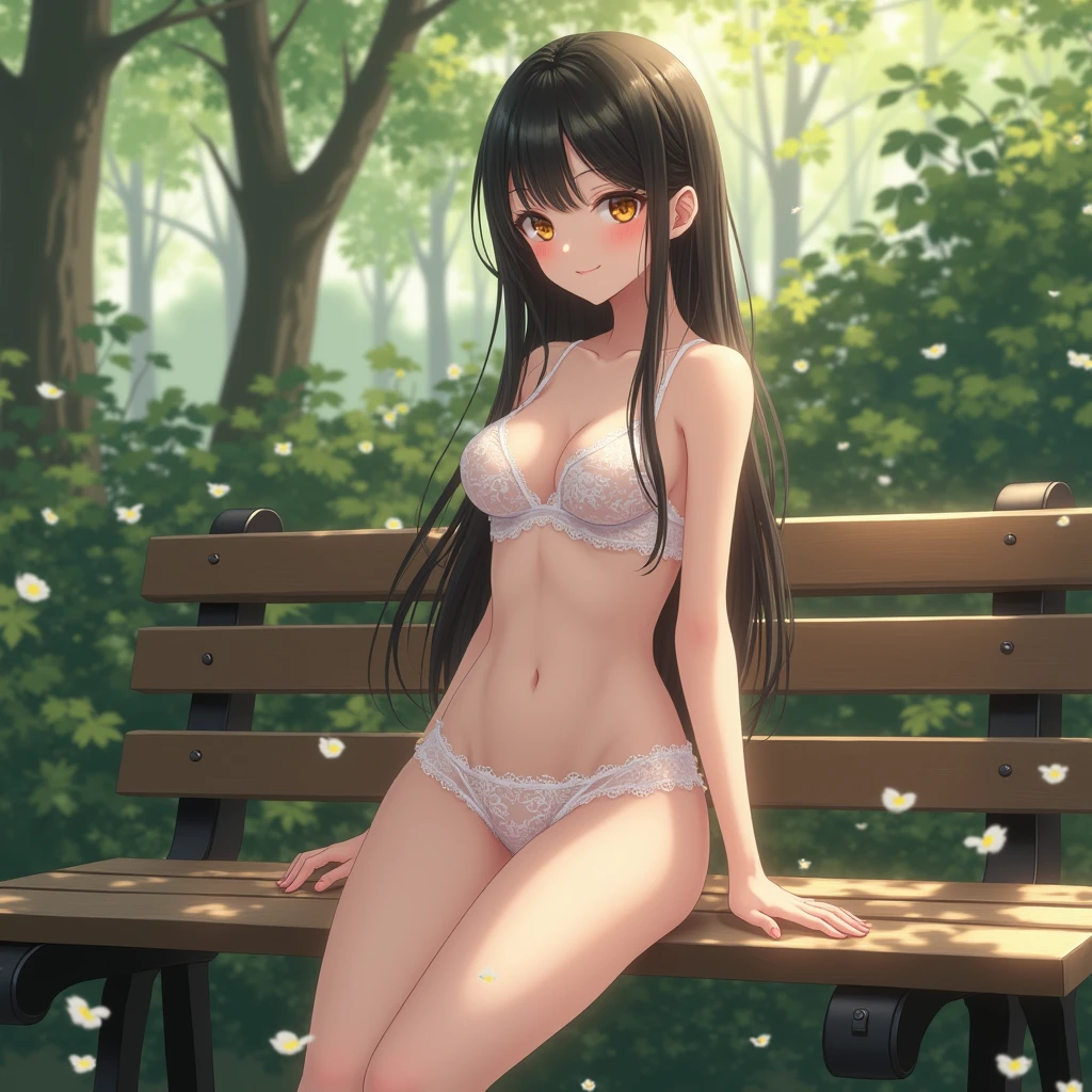anime girl, in underwear, sexy thong, sitting on a bench, in the park