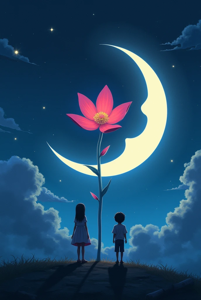 Moon split in half smeraldo flower between in each half a girl and boy silhouette waiting looking at each other from far