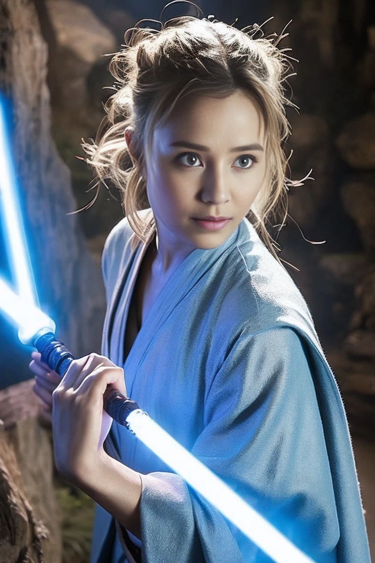 Star Wars, Jedi Master, woman, Beauty, Cute Face, , Wearing a Jedi robe, Lightsaber in hand, The blade burns blue, Jedi Temple