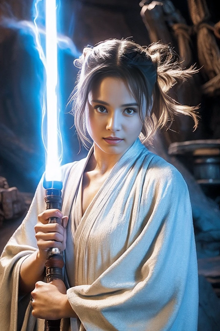 Star Wars, Jedi Master, woman, Beauty, Cute Face, , Wearing a Jedi robe, Lightsaber in hand, The blade burns blue, Jedi Temple