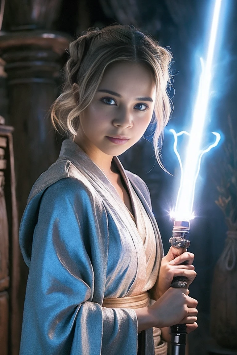 Star Wars, Jedi Master, woman, Beauty, Cute Face, , Wearing a Jedi robe, Lightsaber in hand, The blade burns blue, Jedi Temple