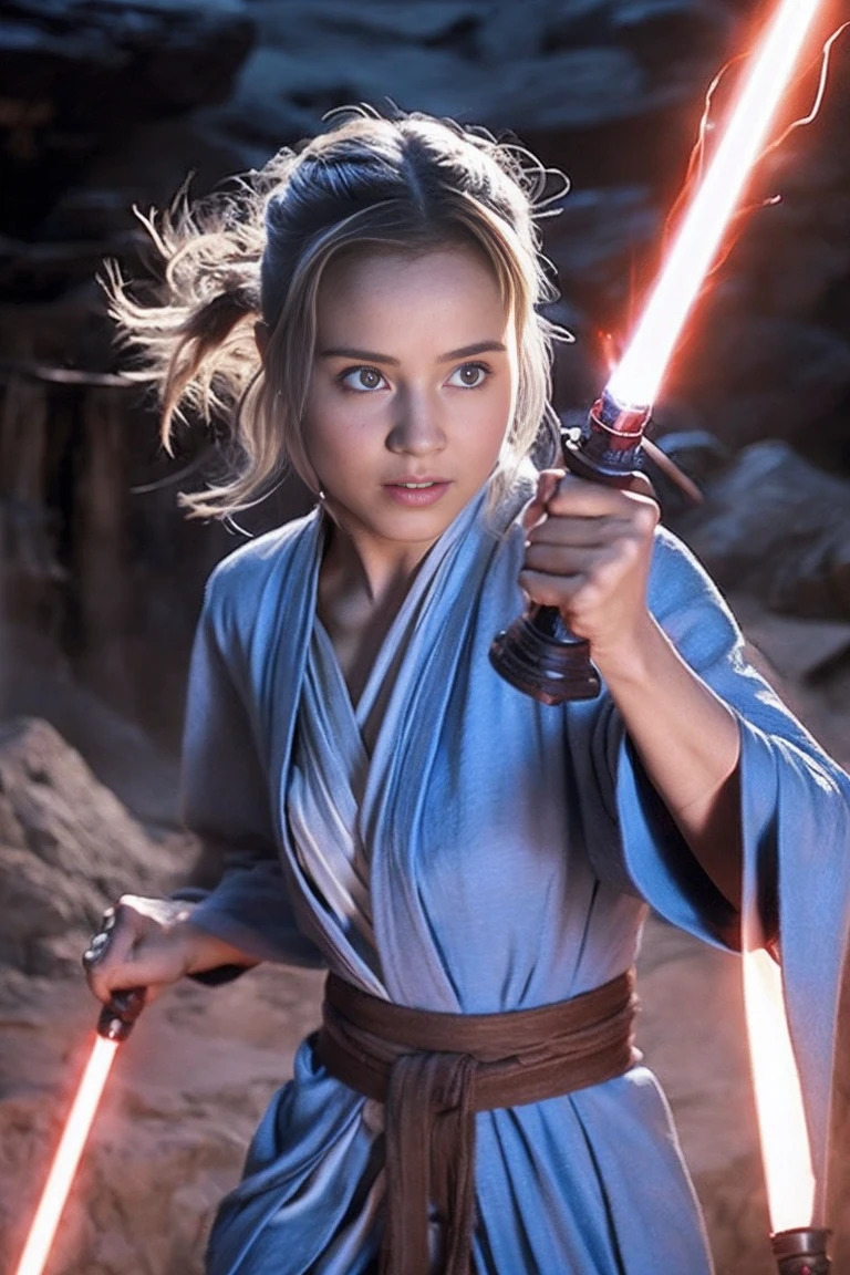 Star Wars, Jedi Master, woman, Beauty, Cute Face, , Wearing a Jedi robe, Lightsaber in hand, The blade burns blue, Jedi Temple