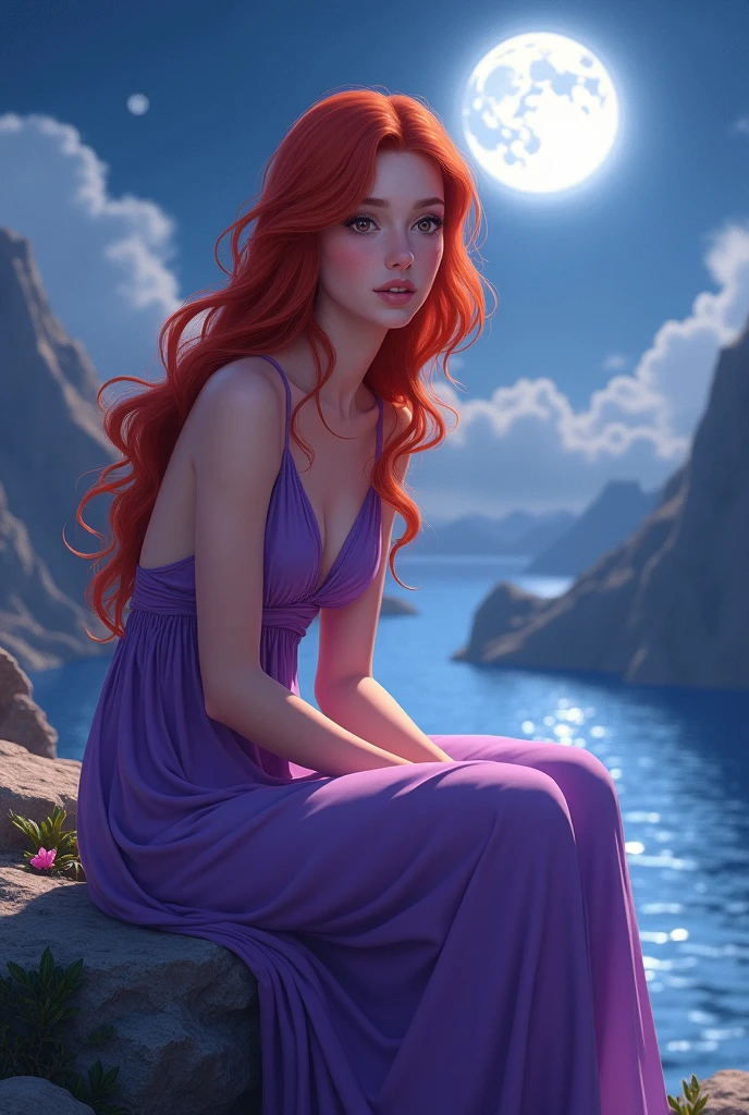 1 girl , red beautiful wavy long hair, , wearing long purple greek dress, anime animation style, 2D, best quality, digital art, in greek mount olympus, sitting by the lake at night , full sparkle moon, wondering expression, close up, expressive gorgeous eyes, contemplative mind, front view close up