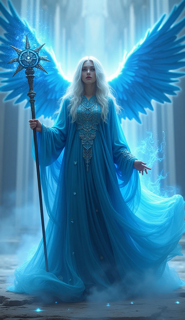 Full body portrait, 16K resolution, photorealistic style, soft ethereal lighting, majestic pose, platinum blonde long hair shimmering, wearing a flowing blue robe with intricate embroidery, holding an ancient staff radiating blue aura, surrounded by expanding blue energy, giant blue spectral bird manifesting behind ("Blue Catastrophe" ability), highly detailed staff with ancient carvings, precise depiction of robe's fabric and movement, each feather of the spectral bird individually rendered, full-length view including feet