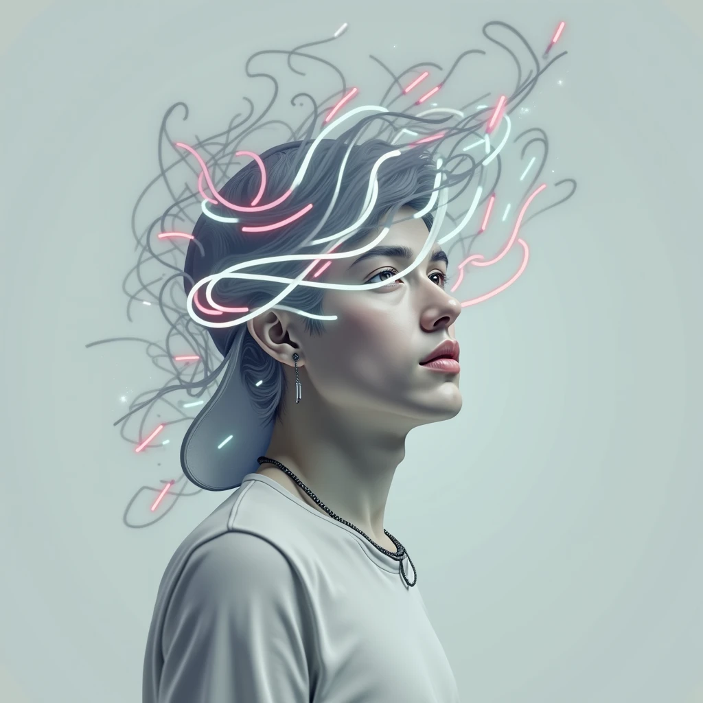 vibrant, digital art, portrait of a male figure, digital illustration with a flat color, straight-on view, focus on the upper body and face male with a casual dark shirt and visible hair under a hat, depicted with a whirl of abstract, neon-colored streaks flowing from the head area, symbolizing movement or creativity, simplistic with a plain, dark background to enhance subject visibility, brightly colored with contrasting shadows to emphasize the colorful streaks, minimal facial features with an emphasis on the abstract design, high saturation, sharp contrast between the subject and background --ar 1:1