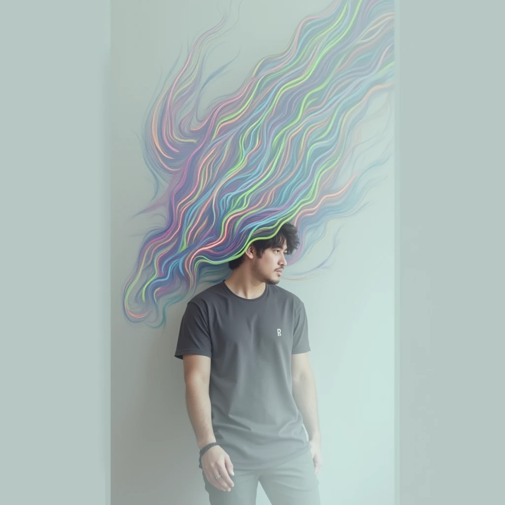 vibrant, digital art, portrait of a male figure, digital illustration with a flat color, straight-on view, focus on the upper body and face male with a casual dark shirt and visible hair under a hat, depicted with a whirl of abstract, neon-colored streaks flowing from the head area, symbolizing movement or creativity, simplistic with a plain, dark background to enhance subject visibility, brightly colored with contrasting shadows to emphasize the colorful streaks, minimal facial features with an emphasis on the abstract design, high saturation, sharp contrast between the subject and background --ar 1:1