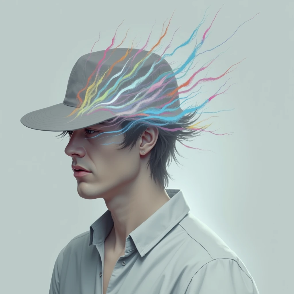 vibrant, digital art, portrait of a male figure, digital illustration with a flat color, straight-on view, focus on the upper body and face male with a casual dark shirt and visible hair under a hat, depicted with a whirl of abstract, neon-colored streaks flowing from the head area, symbolizing movement or creativity, simplistic with a plain, dark background to enhance subject visibility, brightly colored with contrasting shadows to emphasize the colorful streaks, minimal facial features with an emphasis on the abstract design, high saturation, sharp contrast between the subject and background --ar 1:1