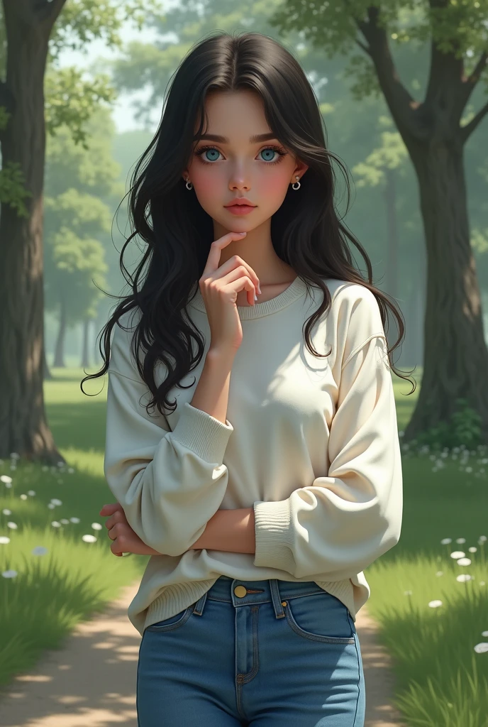 A blue-eyed, black-haired teenage girl in the park wearing a white sweater and jeans, her expression pensive