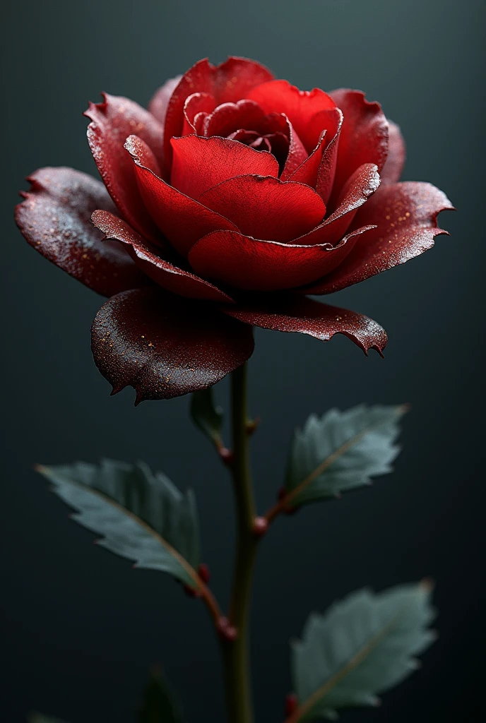 a flower in bloom.((conflict, aggressive,anger,antagonist)),((black, red, golden brass)),((deep wiew)),photographic,ultra high resolution,hyperdetailed, masterpiece, 3d modelling, digital art.