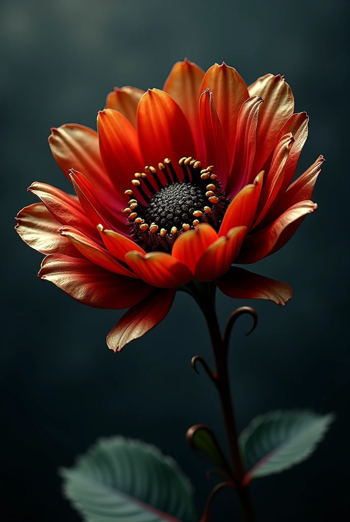 a flower in bloom.((conflict, aggressive,anger,antagonist)),((black, red, golden brass)),((deep wiew)),photographic,ultra high resolution,hyperdetailed, masterpiece, 3d modelling, digital art.