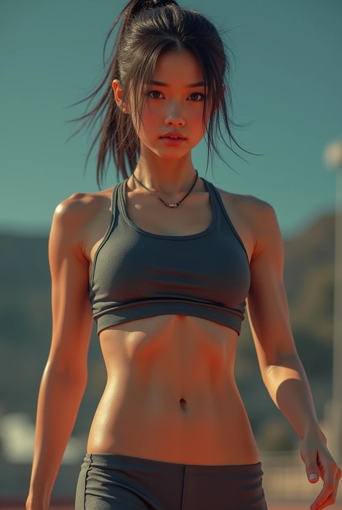 Track and field club、Female university student、1、Japanese,Cute face、Track and field clubユニフォーム、Sweating、Uniforms that expose a lot of skin、(((Muscular body)))、(((Macho)))、((Muscular))、(((Six-pack)))、My abs are split into 6、Six Pack、Muscle、(best quality,4K,8k,highres,masterpiece:1.2),ultra-detailed,(realistic,photorealistic,photo-realistic:1.37),HDR,uhd,studio lighting,ultra-fine painting,sharp focus,physically-based rendering,extreme detail description,professional,vivid colors,bokeh,cinematic lighting,dramatic shadow、High resolution, High-resolution model, Retina, Textured skin, Ultra high definition, accurate, Very detailed, Anatomically correct, 