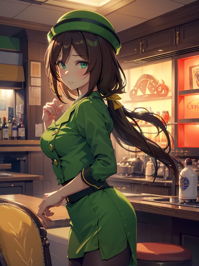 (​masterpiece、top-quality、hight resolution、Unity 8k、extremely details CG:1,Best Picture), hayakawa tazuna, low ponytail, green headwear, green jacket, green skirt, pantyhose, "A porn star standing outside, pointing towards a motel with a playful yet suggestive expression. She is dressed in casual yet revealing attire, emphasizing her confident and flirtatious demeanor. The background features the motel's neon sign, and the scene is set during the evening, with the star's posture and gesture inviting the viewer's attention towards the motel."