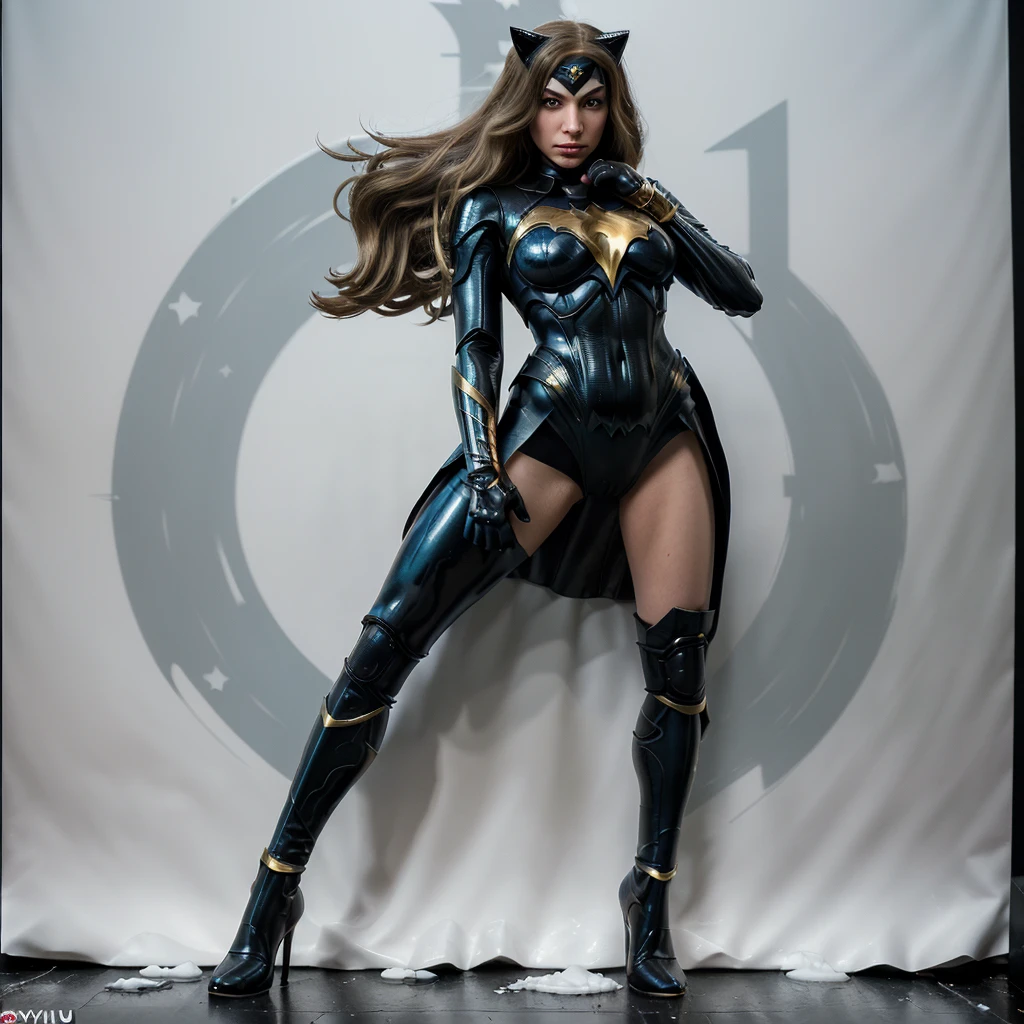 Portraiture, 1 girl, cat women, Long Hair, Gold Hair, Blue Eyes, One girl, head, face, dark woman, masterpiece, highest quality, gotham city hero costume, ((DC comic woman)),silent,cold,ligth snofall, (hanging bobble head pose), middle o the road, down town, Style-nightmar, Full Body Shot, Star and Stripe, cinematic art, (best ultra-detailed, highest-illustrations, masterpiece), highest-quality, (realisticest, photorealisticest)