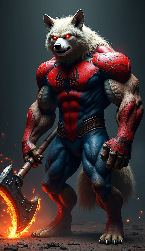 Wolf + spider man costume muscular red eyes in hand fire axe