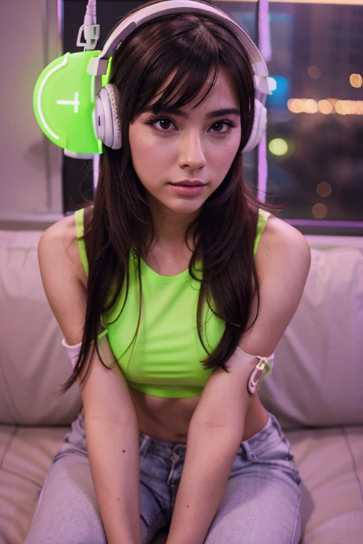 Pretty girl with neon music headphones