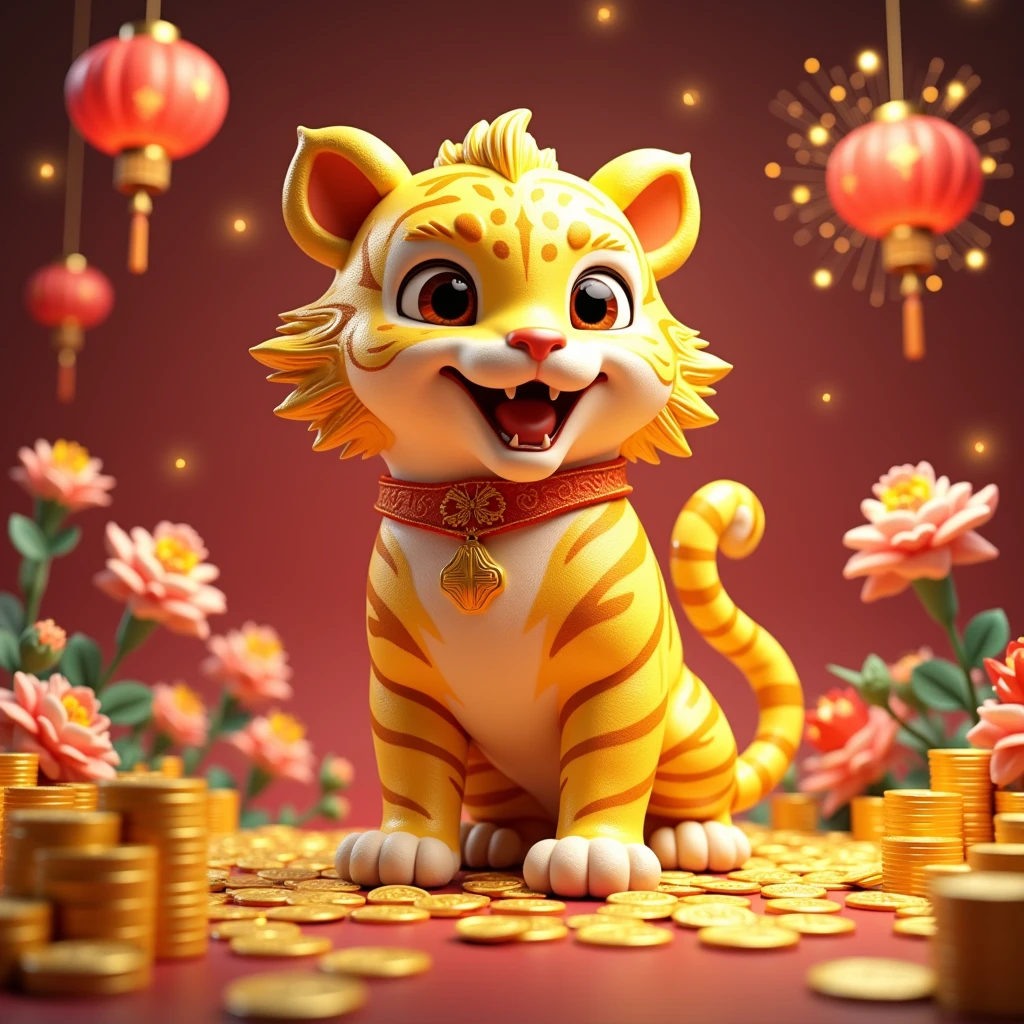 This 3D-styled Chinese zodiac tiger shows off an unparalleled festive spectacle。The tiger is covered with dazzling golden scales,Like gold,Shining with wealth and splendor。Its eyes are bright and sharp,Full of endless majesty and confidence,As if foreshadowing good luck and a good harvest in the new year。
There are a lot of gold coins around,Like a rich treasury。Gold coins pile up,Flashing with dazzling light,Symbolizes endless wealth and prosperity。The coins complement the tiger's golden fur,Create an ultimate atmosphere of wealth。
The tiger is surrounded by colorful flowers and lanterns.,Adds a strong festive atmosphere。There are fireworks in the background,Bring endless joy and happiness。The whole scene not only makes people feel the joy of the festival,It also conveys a blessing of good luck and prosperity.。