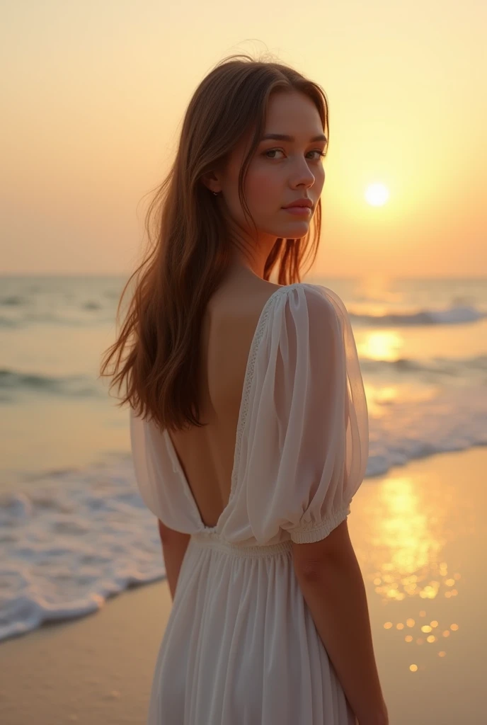 beach evening White dress Beautiful face like an actress Straight Hair Brown Hair