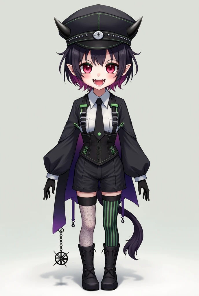Lily is a small, skinny guy with pale skin.. He has short dark hair with pink strands, Sticking out on the sides and large red-crimson eyes with green shadows. When the guy opens his mouth, You can immediately see small fangs. Like Malleus, He has pointed ears. As his attire, Lily wears an unbuttoned black uniform with light green stitching, That falls off his shoulders, A black hat with horns and a white shirt with a black tie. He has a pair of black gloves, And straps on his shoulders. Lily has a black corset with belts at the waist, On one side, a corrugated black-violet gradient fabric hangs down, As well as another smaller belt with a miniature spinning wheel accessory, And on the thigh - a few spools of thread. He also wears black shorts with green stripes, Tights with an intricate pattern and black boots on a small green heel.