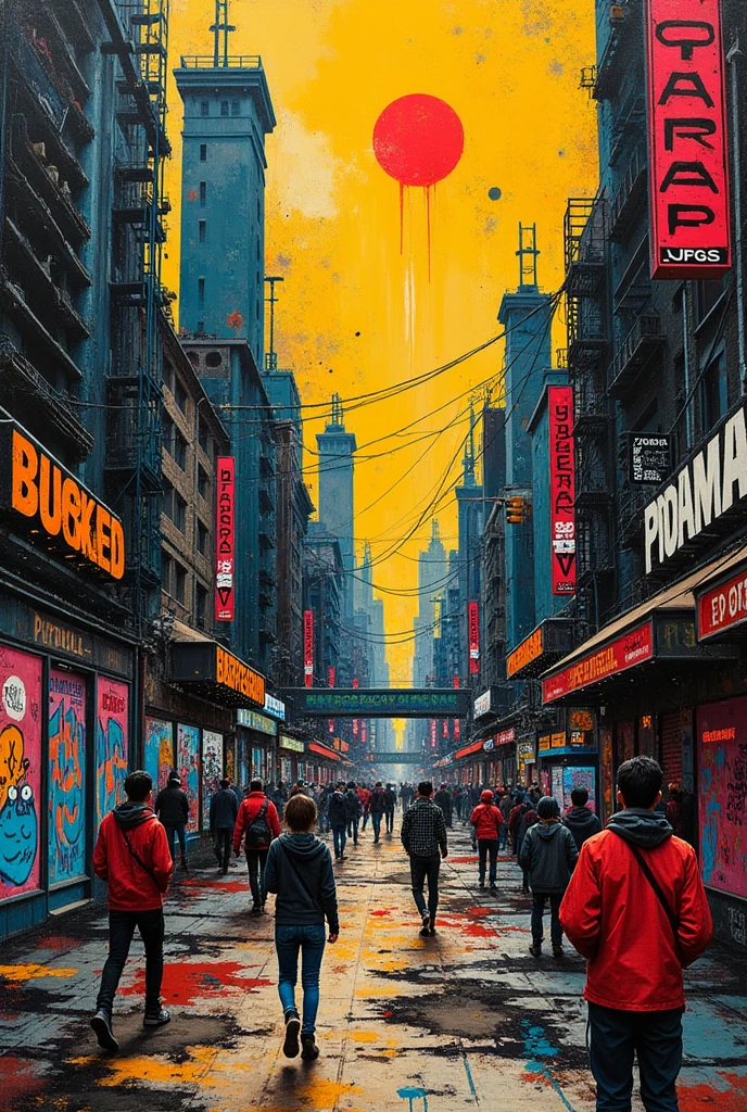 A chaotic, punk-style cityscape in the style of Jean-Michel Basquiat.