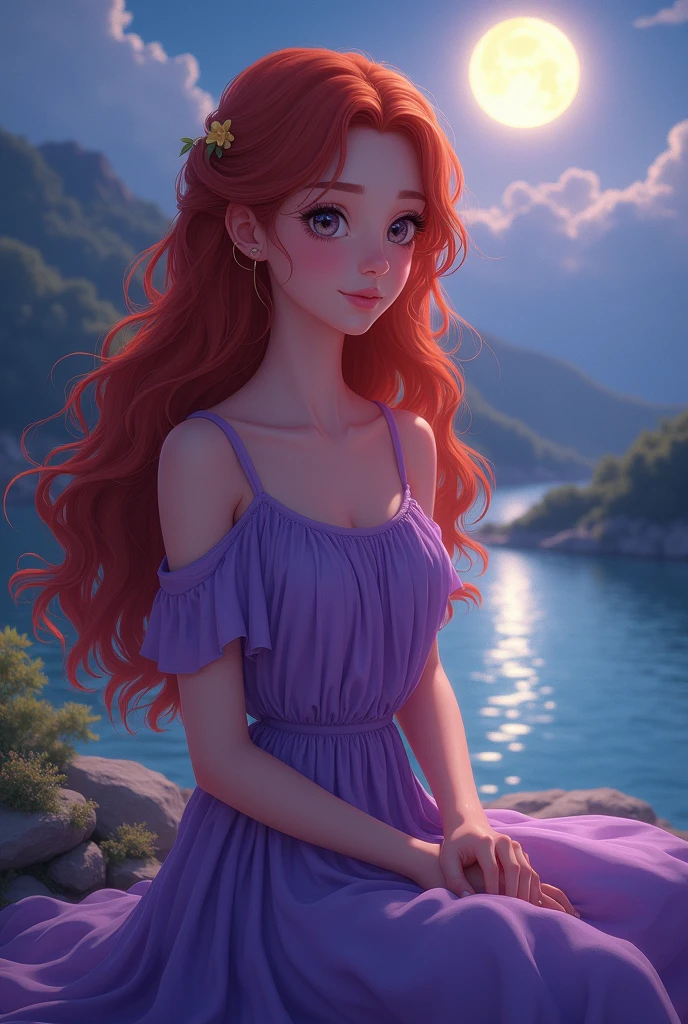 1 girl , red beautiful wavy long hair, , wearing long purple greek dress, anime animation style, 2D, best quality, digital art, in greek mount olympus, sitting by the lake at night , full sparkle moon, wondering expression, close up, expressive gorgeous eyes, contemplative mind, front view close up