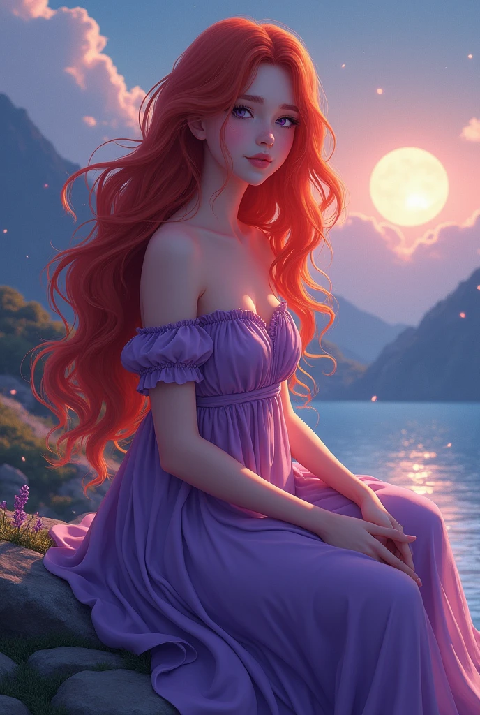 1 girl , red beautiful wavy long hair, , wearing long purple greek dress, anime animation style, 2D, best quality, digital art, in greek mount olympus, sitting by the lake at night , full sparkle moon, wondering expression, close up, expressive gorgeous eyes, contemplative mind, front view close up