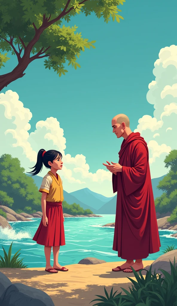 Scene: A riverbank with rushing water. A young woman in distress stands near the edge, looking worried.
Character Description: The young woman, dressed in simple village clothes, appears anxious about crossing the river. The monk approaches her calml in red dress in comic style