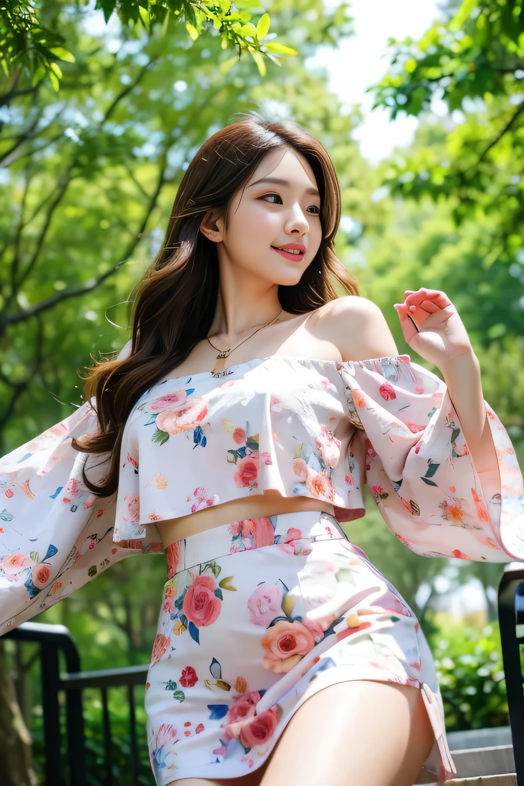 seed:381696201,((from below:1.2))、((Highest quality, 8k, masterpiece: 1.3)), concentrate: 1.2, Cute 1,The nipples are erect、 Perfect beauty: 1.4,Floral print off-shoulder blouse、Randall Color:1.1, Highly detailed face and skin textures, fine grain, double eyelid, whitening skin, ,Highest quality,Ultra-high resolution,you,1 person,alone,_Shiny_skin,iris,necklace,((brown_length_Wavy_hair)),(lips)),eyelash,Front hair,deal with,Compensate,Shiny,pore,skin texture,Large Breasts、smile、Walk in the park、