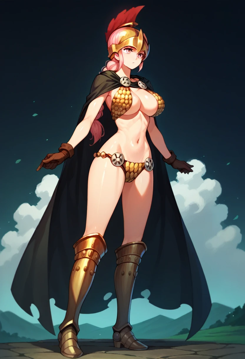 1girl, Solo, rebecca, anime style, breasts, bikini armor, pink hair, pink eyes, armor, cape, large breasts, braid, long hair, cleavage, gloves, navel, boots, shiny skin, helmet