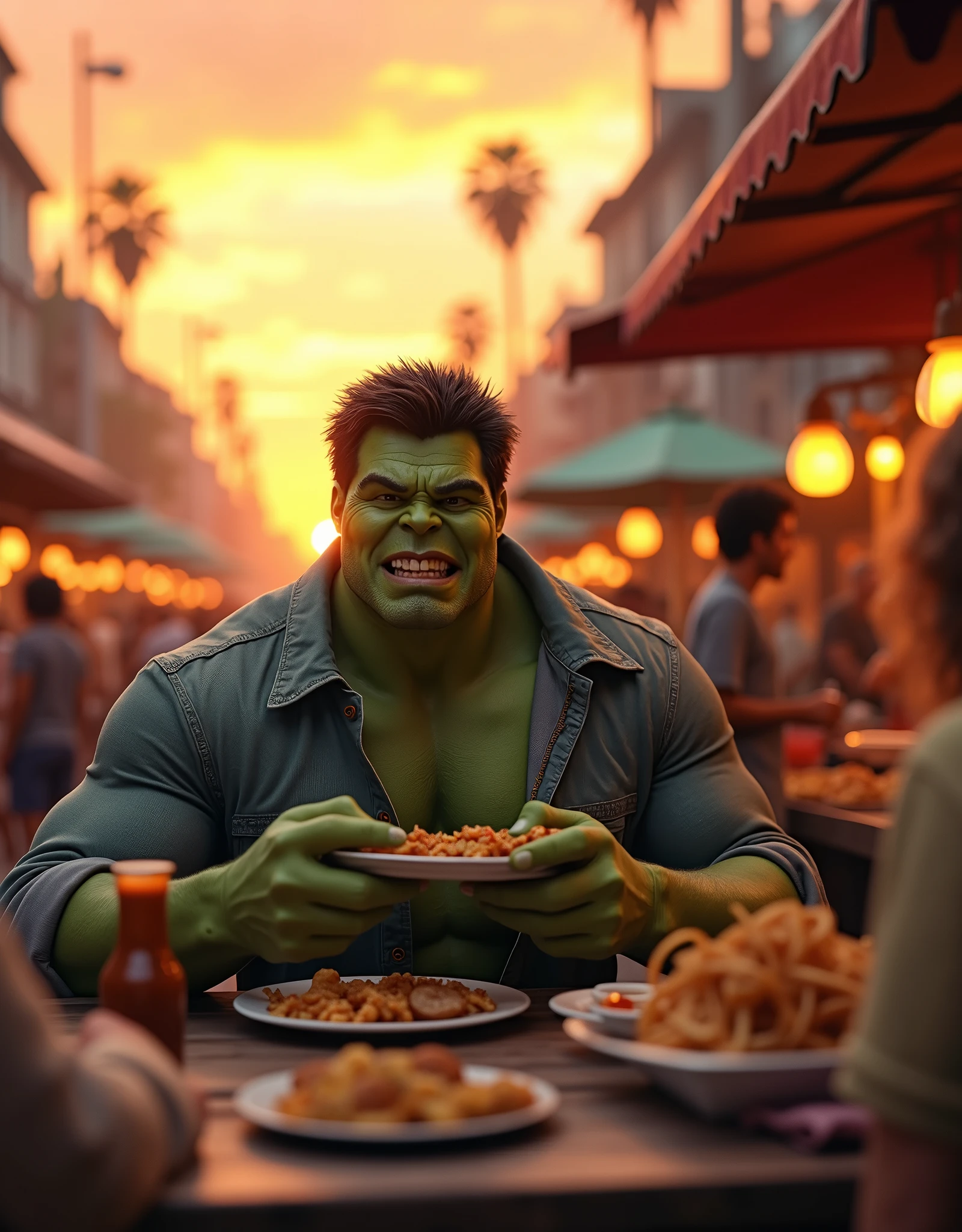 Nice and friendly [Dr. Hulk:Mark Ruffalo:0.1] have meals at street food market place at late afternoon with beautiful sunset