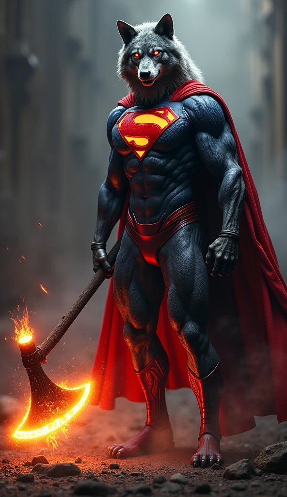 Wolf + super man costume muscular red eyes in hand fire axe