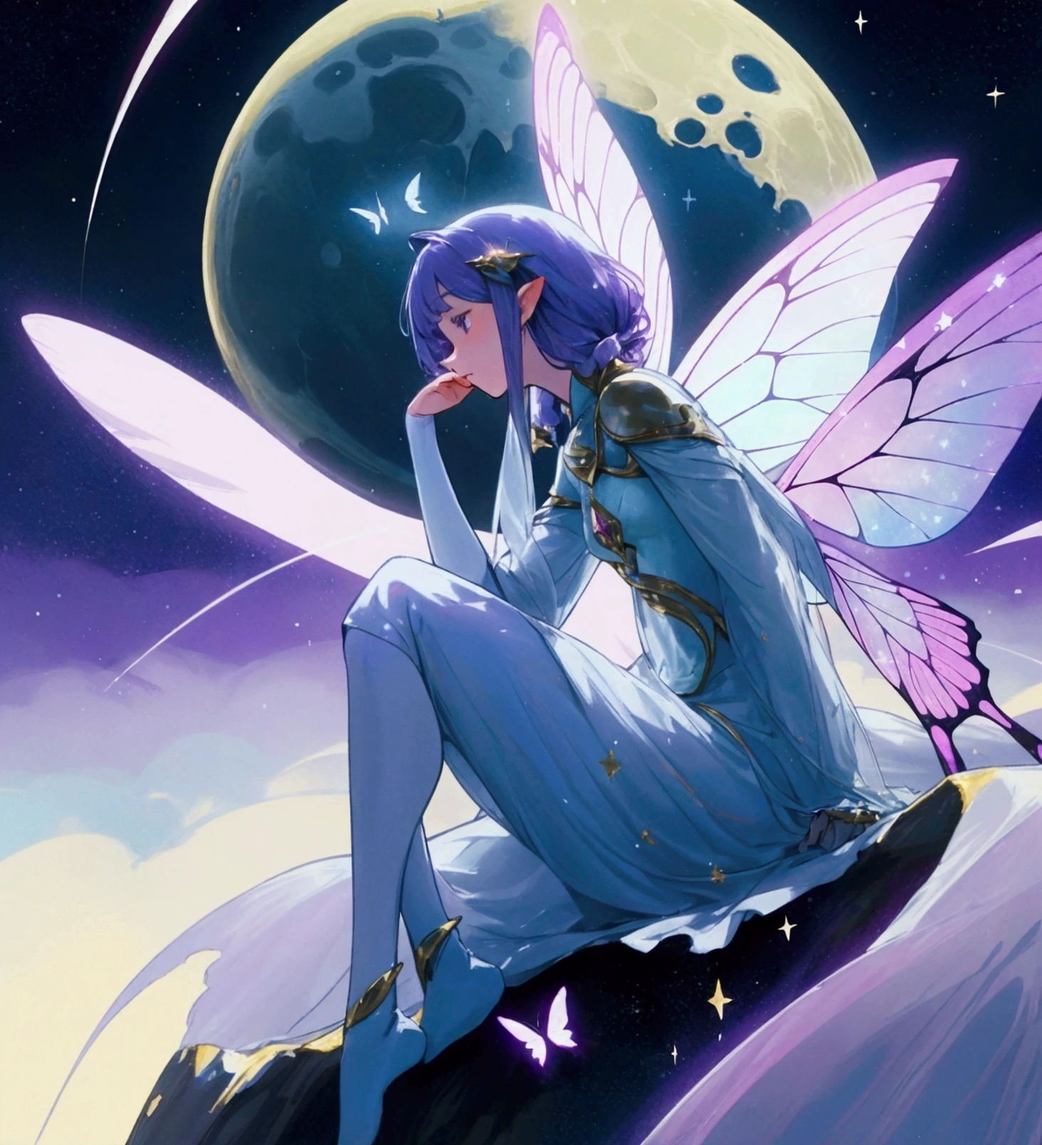 The image features a fantastical scene centered on a crescent moon emitting a soft glow.. Sitting on the moon is a figure with delicate butterfly-like wings., which suggests that this character could be interpreted as a fairy. The fairy pose is one of contemplation or rest., with one hand supporting the head and the other resting on the knee. The color palette consists mainly of cool tones, mainly blues and purples, which contributes to the ethereal atmosphere of the image. Around the moon and the fairy there are little stars and sparkles, that enhance the magical quality of the scene. besides, There is an orb or sphere floating above the fairy's hand., Possibly representing magic or light.