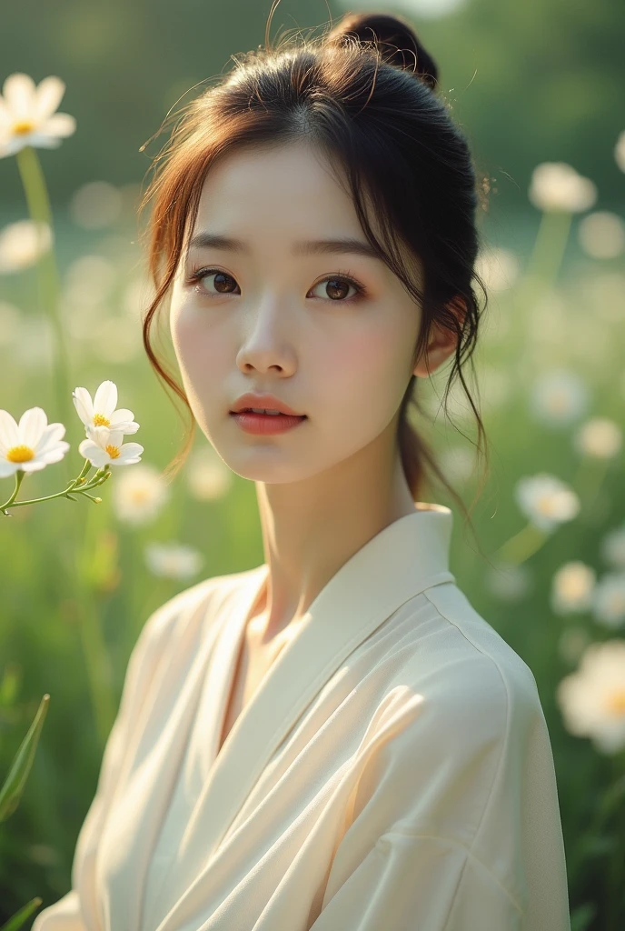 A beautiful and pure Korean woman、Wear clean clothes、A high-quality image of a person smiling with a calm expression。The background is a garden with soft natural light.、An elegant and clean atmosphere