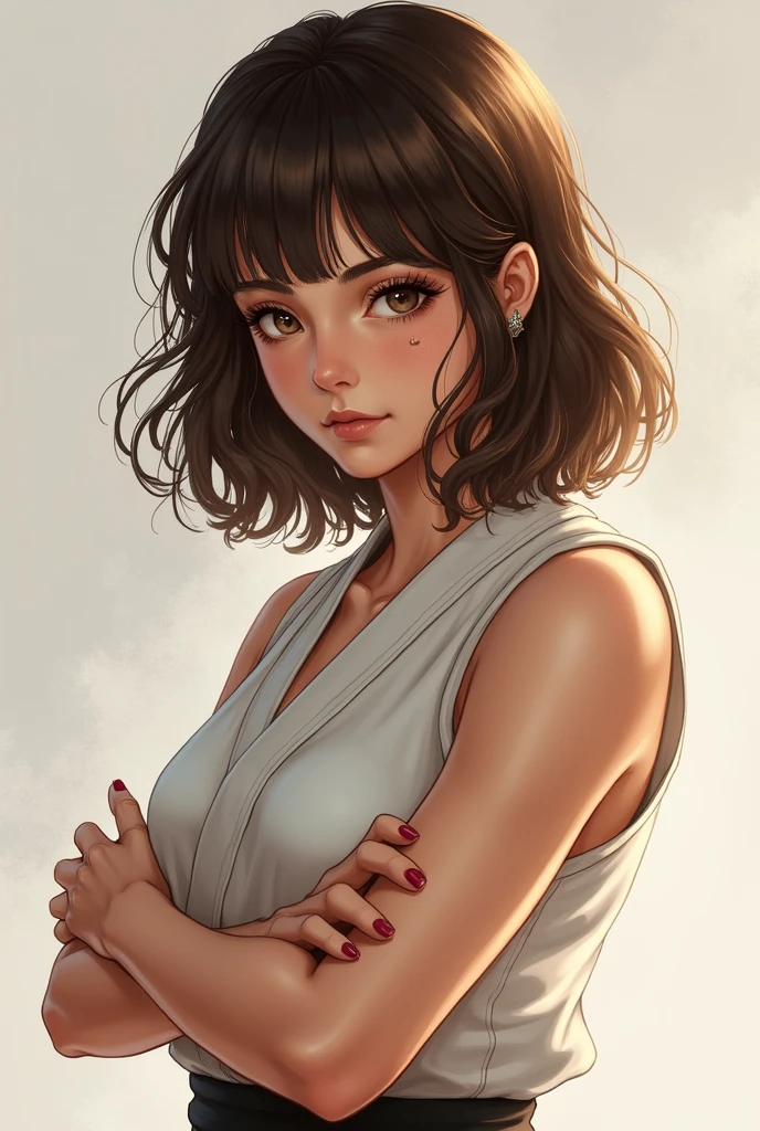 Let's draw a girl with shoulder-length brown hair and bangs. She has brown eyes and a mole next to her eye. She has a nice body and she knows martial arts.