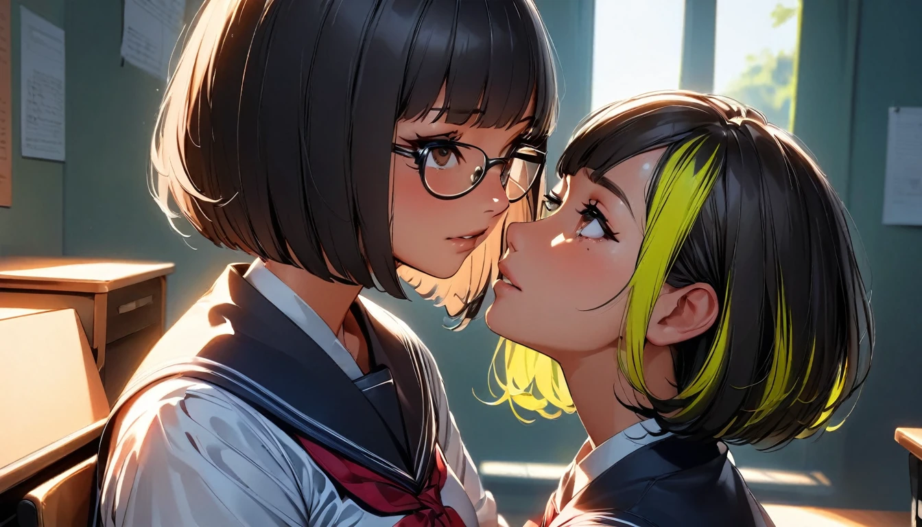 ((highest quality:1.2, Very detailed, up to date, Vibrant, Ultra-high resolution, High Contrast, masterpiece:1.2, highest quality, Best aesthetics), Portraiture、girl、solo, (25-years-old:1), slim, brown eye, Bright colors、Beautiful fine details、Beautiful lip detail、extra short hair, ((bob cut:1.5))、black hair, (highlights hair: 1.6), (medium breast:0.7), (tan skin:0.5), glasses, school uniform, studyind, sitting at the study desk, bright room, looking up partner:1, side view, (look like asking for help:1),troubled face:2