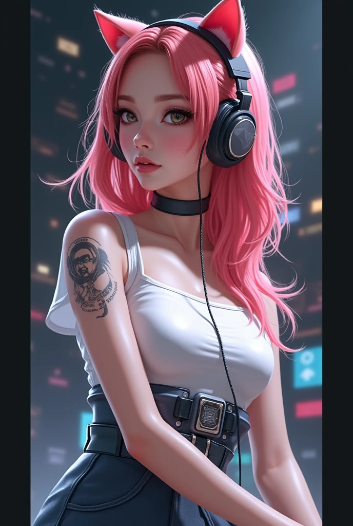 a close up of a woman with headphones on and a cat ear, anime style 4 k, cyberpunk girl, artwork in the style of guweiz, female cyberpunk girl, dreamy cyberpunk girl, anime style. 8k, 8k high quality detailed art, cyberpunk beautiful girl, inspired, cyberpunk cyborg. roses, digital cyberpunk - realistic art, in cyberpunk style
