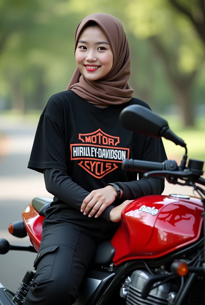 A beautiful Korean girl, smooth white skin, well-groomed face, brown hijab.jaket kulit cropped,black harley logo t-shirt, black cropped pants with lots of pockets,sitting in full body pose, on the red ninja zx motorbike, smiled faintly, black cool watch, sepatu boots harley davidson,Background, bokeh, Realistic original photo. 