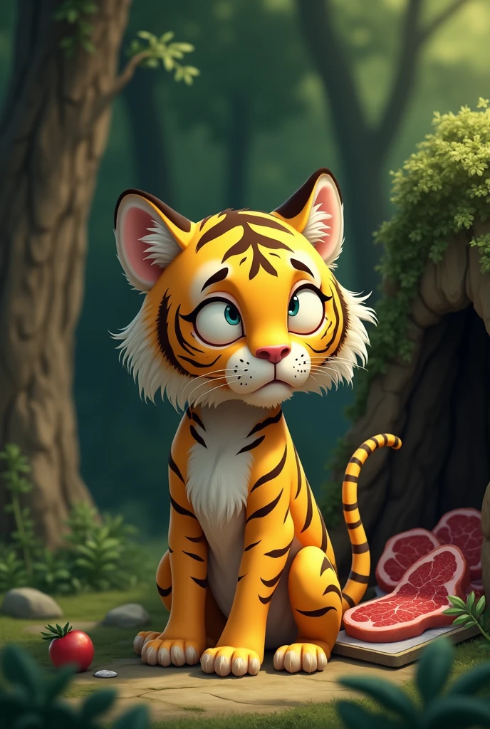 A sick and very underweight yellow tiger,Malnutrition,Store lots of steaks in the cave,Cute and realistic風格,Background forest,Cute and realistic