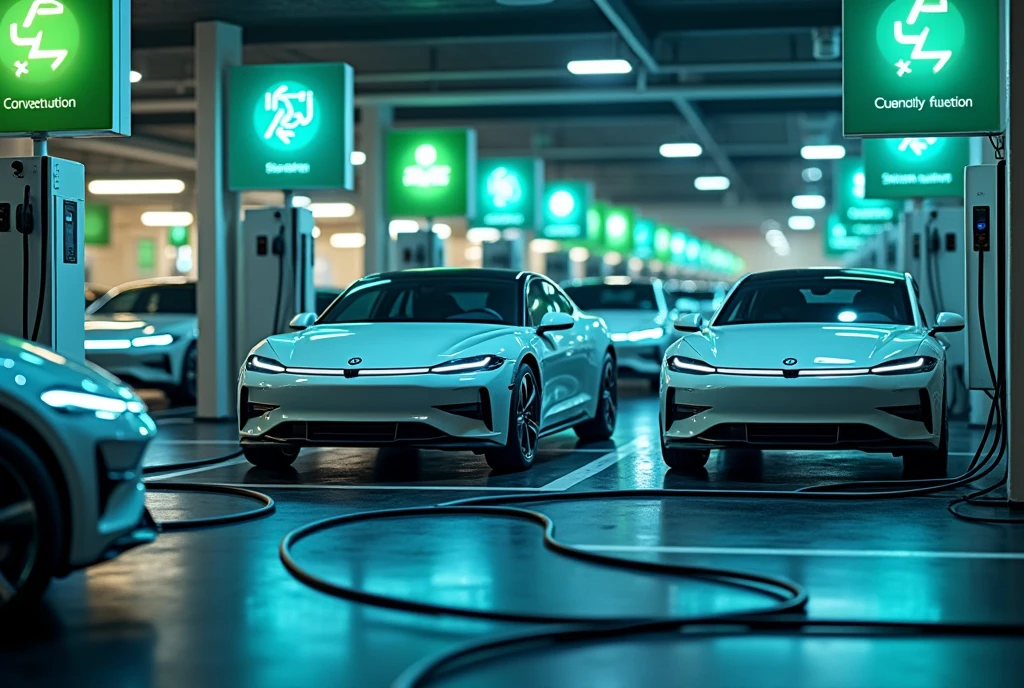 A modern parking lot filled with sleek electric cars, each one plugged into a charging station. The vehicles, with their futuristic designs and smooth lines, are neatly arranged in rows, connected by thick cables to charging units that display glowing indicators. The charging stations are equipped with digital screens showing charging progress, while soft, ambient lighting illuminates the area as the cars silently draw power. Nearby, green and blue signage emphasizes the eco-friendly nature of the scene, with symbols of sustainability and electric power prominently displayed. The overall atmosphere is one of quiet efficiency and forward-thinking technology, as the electric cars recharge, ready for another emission-free journey. [(Suspended in the air between scene and the viewer, a translucent, almost ghostly black message reads exactly: "Fuck!". The text appears as if it's floating, blurred at the edges, with the letters formed from a faint mist or white smoke that lingers in the space. The smoky words are readable, though not overly bright, hovering just in front of his gaze, creating a surreal yet powerful effect. Text exactly says: "Fuck!". They seem to be written in chalk. The text says: "Fuck!". semi-transparent text that reads 'Fuck!' in a dramatic, bold font. The text almost acts as a title, floating in the air, partially obscuring the scene but enhancing the overall tension and urgency of the moment)]