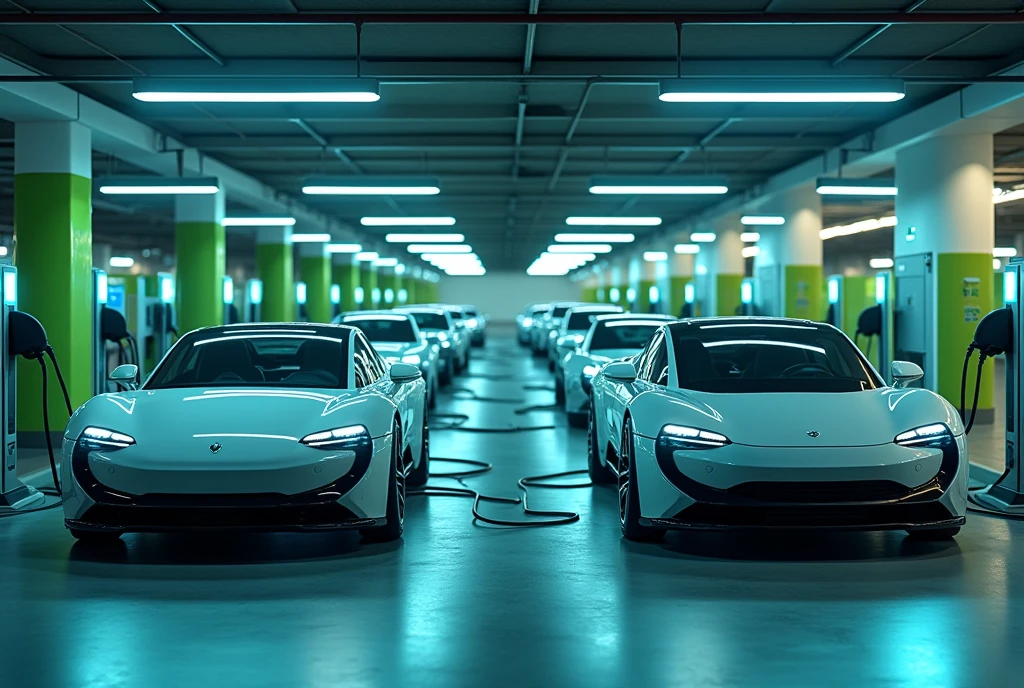A modern parking lot filled with sleek electric cars, each one plugged into a charging station. The vehicles, with their futuristic designs and smooth lines, are neatly arranged in rows, connected by thick cables to charging units that display glowing indicators. The charging stations are equipped with digital screens showing charging progress, while soft, ambient lighting illuminates the area as the cars silently draw power. Nearby, green and blue signage emphasizes the eco-friendly nature of the scene, with symbols of sustainability and electric power prominently displayed. The overall atmosphere is one of quiet efficiency and forward-thinking technology, as the electric cars recharge, ready for another emission-free journey. [(Suspended in the air between scene and the viewer, a translucent, almost ghostly black message reads exactly: "Fuck!". The text appears as if it's floating, blurred at the edges, with the letters formed from a faint mist or white smoke that lingers in the space. The smoky words are readable, though not overly bright, hovering just in front of his gaze, creating a surreal yet powerful effect. Text exactly says: "Fuck!". They seem to be written in chalk. The text says: "Fuck!". semi-transparent text that reads 'Fuck!' in a dramatic, bold font. The text almost acts as a title, floating in the air, partially obscuring the scene but enhancing the overall tension and urgency of the moment)]