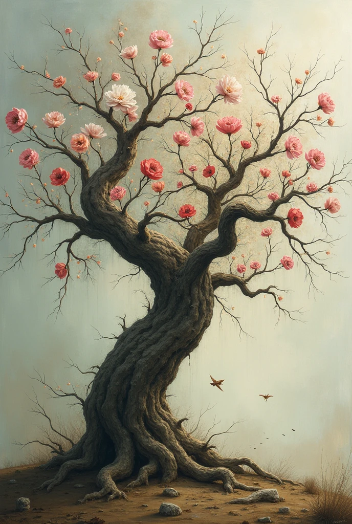 The dead tree sprouts new flowers