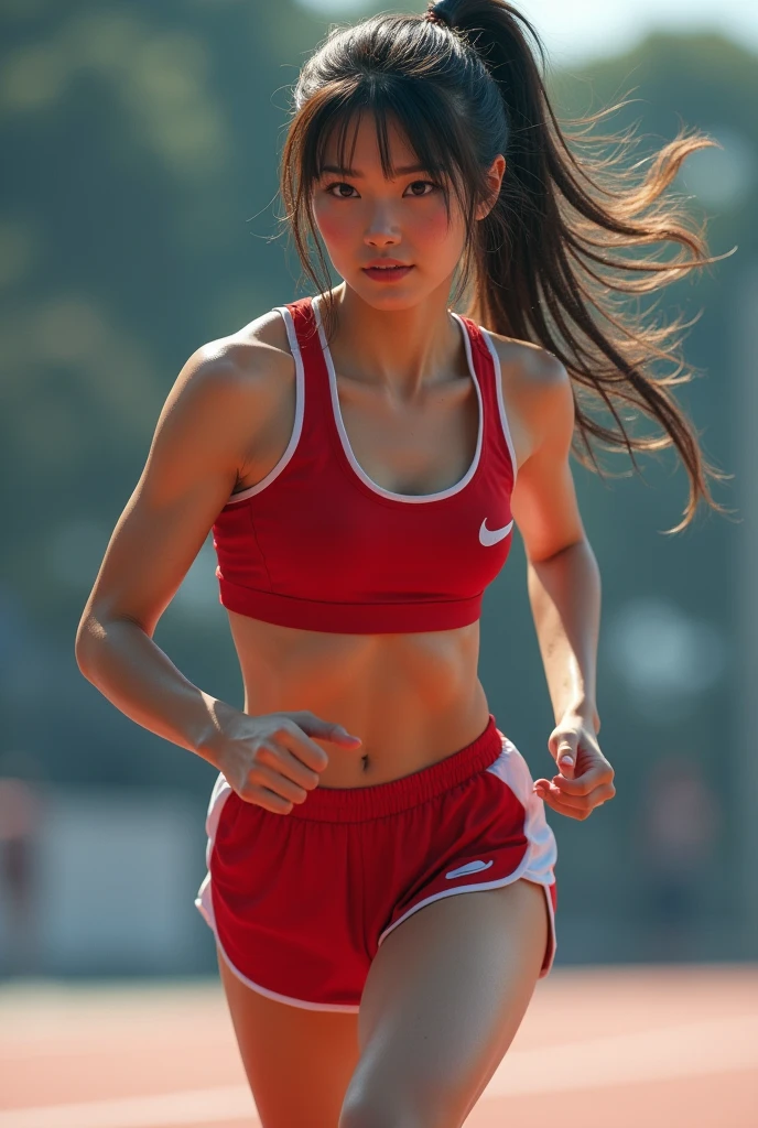 Track and field club、Female university student、1、Japanese,Cute face、Track and field clubユニフォーム、Sweating、Uniforms that expose a lot of skin、(((Muscular body)))、(((Muscular body)))、(((Macho)))、((Muscular))、(((Six-pack)))、My abs are split into 6、Six Pack、Muscle、(best quality,4K,8k,highres,masterpiece:1.2),ultra-detailed,(realistic,photorealistic,photo-realistic:1.37),HDR,uhd,studio lighting,ultra-fine painting,sharp focus,physically-based rendering,extreme detail description,professional,vivid colors,bokeh,cinematic lighting,dramatic shadow、High resolution, High-resolution model, Retina, Textured skin, Ultra high definition, 